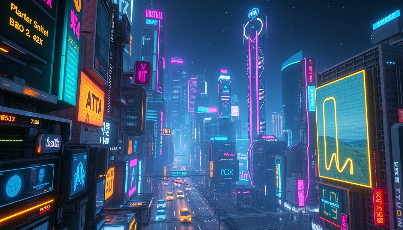 AI-powered metropolis, neon lights, advanced technology, digital society. - Image