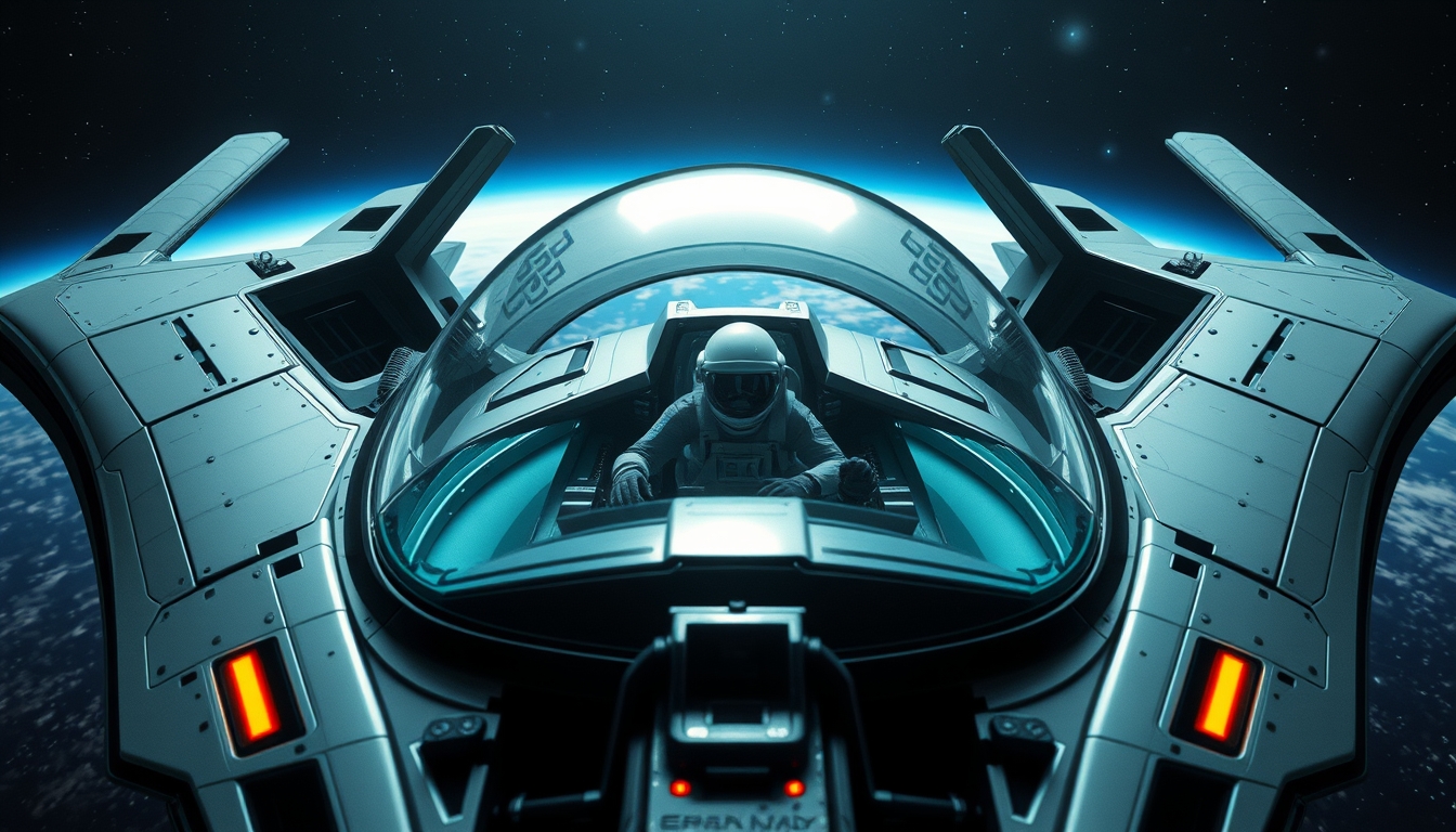 A futuristic spaceship with a glass cockpit, piloted by an astronaut in space.