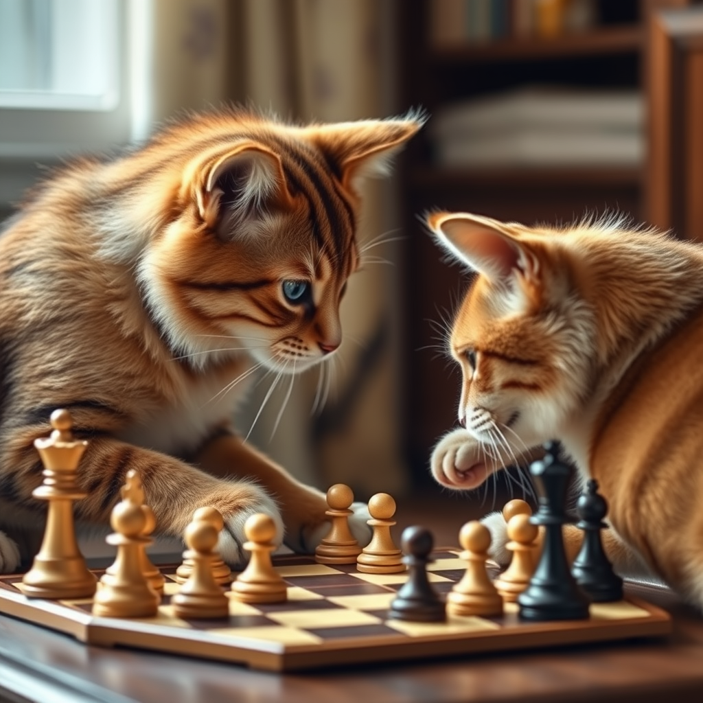 a cat playing chess against dog