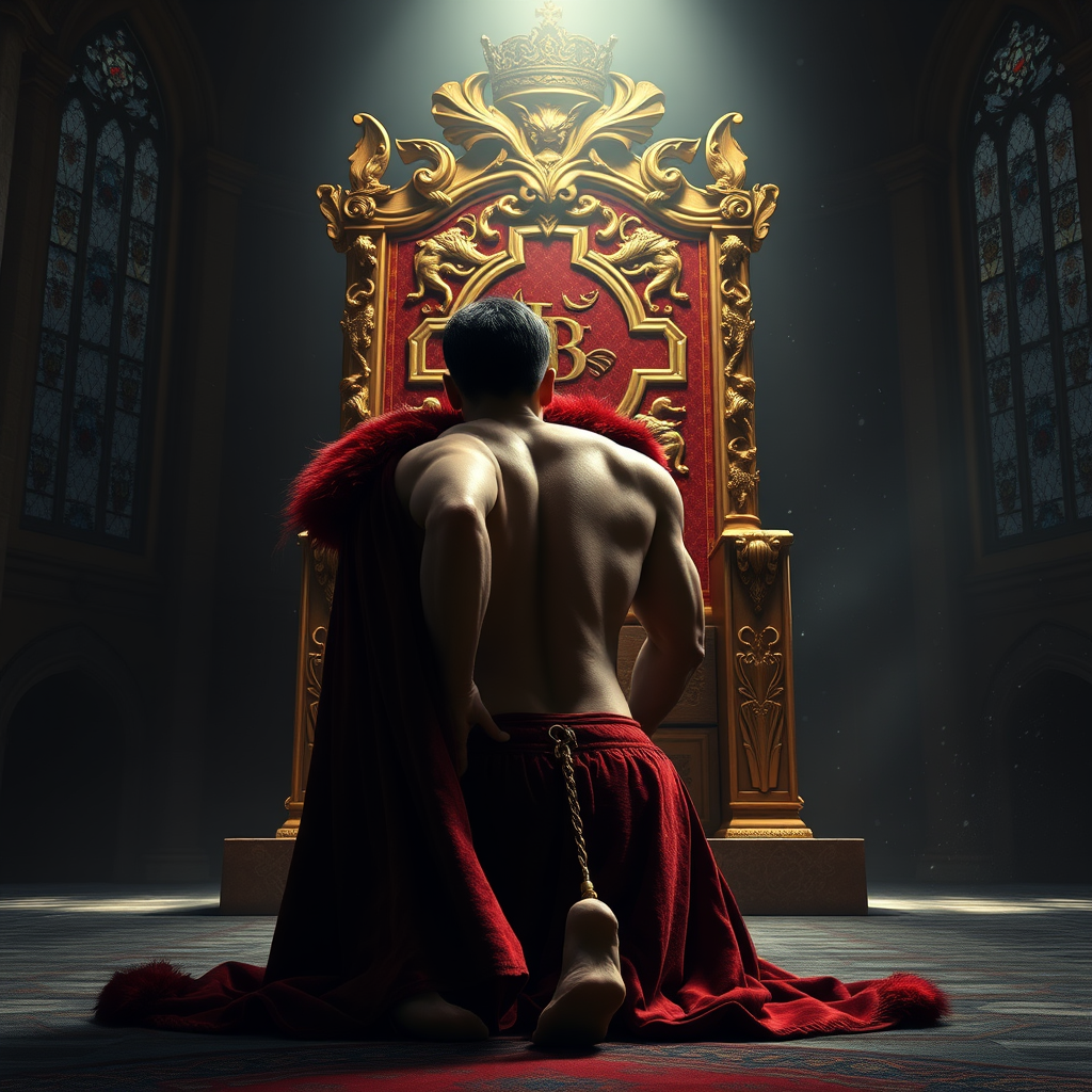 Main Character: A handsome and muscular king with short, dark hair and a chiseled jawline, wearing an intricately embroidered, velvet and ermine-trimmed crimson robe, is positioned on all fours, his head bowed to the ground in a posture of utter submission and fear. His body trembles slightly, conveying his apprehension and vulnerability. He is facing away from the viewer, his back and the crown on his head visible.  
Background: The immense golden throne dominates the scene, its towering presence casting a long, ominous shadow over the king. The throne is ornately carved with intricate details of mythical creatures and symbols of power. The setting is a dimly lit, vast hall with soaring stone arches and stained-glass windows, hinting at the grandeur and power of the kingdom. Dust motes dance in the single ray of light that illuminates the king from above.  
Visual Style: Photorealistic, dramatic lighting with a focus on the interplay of light and shadow, creating a somber and oppressive atmosphere. The color palette is rich and deep, with the gold of the throne contrasting sharply with the dark, muted tones of the hall and the king's robe. The overall composition should evoke a sense of power, fear, and the weight of responsibility. - Image