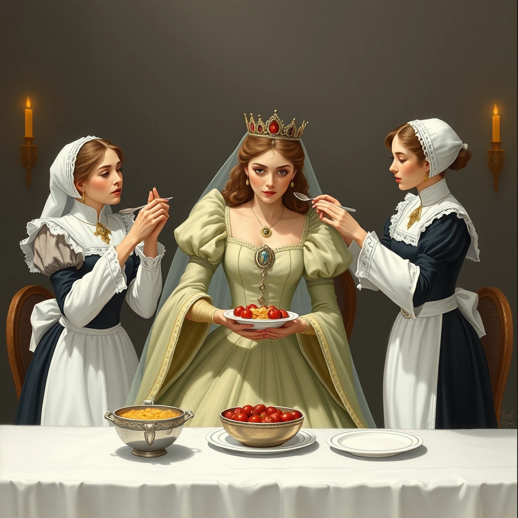 The princess refused to lift a single finger to eat, as she had two maids, one on the left and one on the right, feeding her.