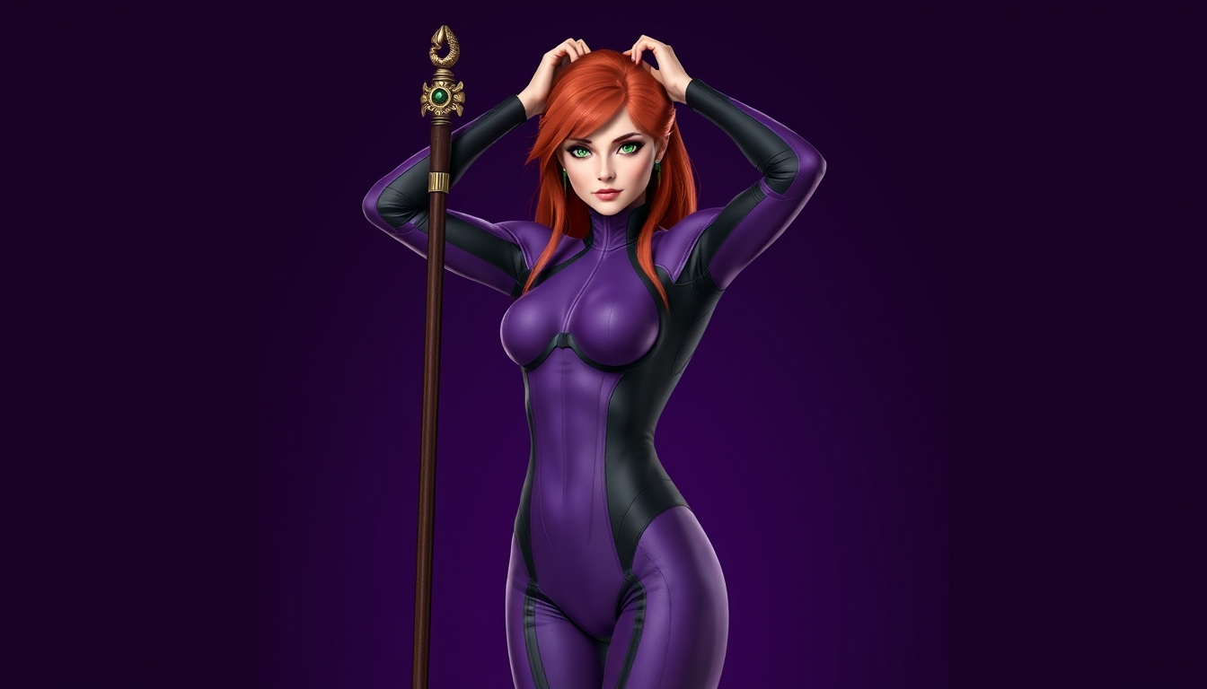 I used Flux AI Image Generator to create this image of a woman with red hair and green eyes. She's wearing a skintight purple and black spandex suit. The suit has a high collar and long sleeves. She's standing perfectly straight, holding a long staff with both hands over her head. The background is a deep purple that matches the character's suit. I love this image; it's like something out of a fantasy movie.