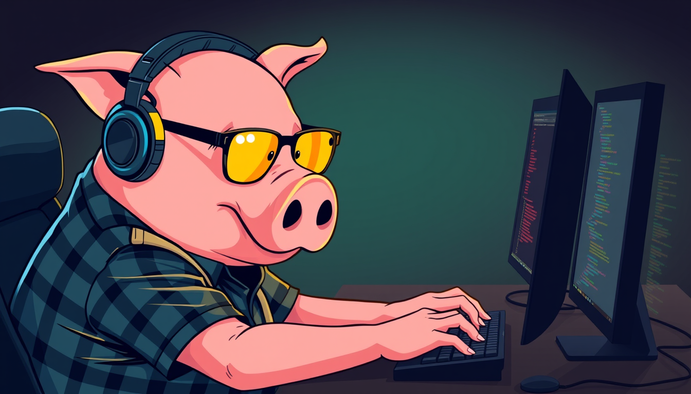 A tech-savvy pig coder, wearing yellow-tinted glasses and sleek noise-cancelling headphones, hunches over a cutting-edge multi-monitor setup. The anthropomorphic pig exudes focus, typing furiously while dressed in a plaid t-shirt. - Image