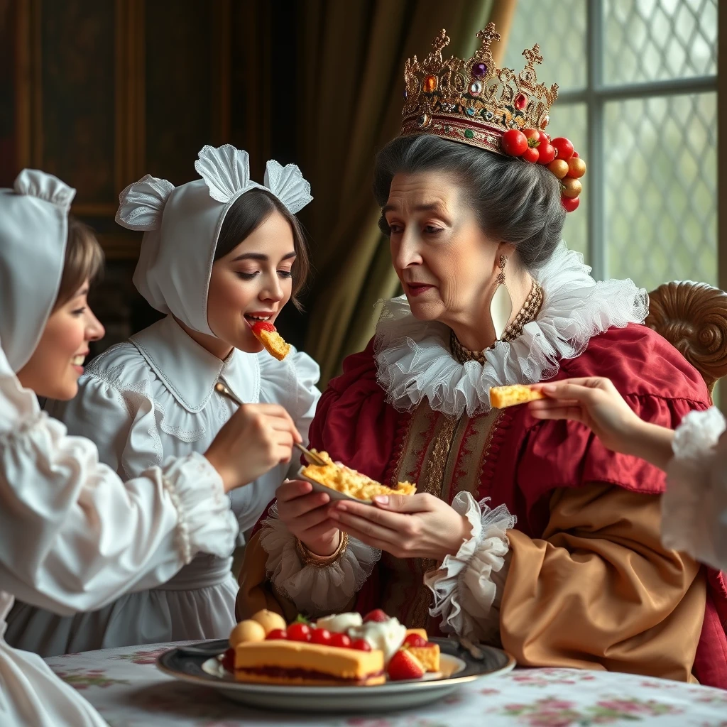 The queen is so lazy that she can't even lift a finger to eat, and has several maids feeding her, one bite from the left, one bite from the right.