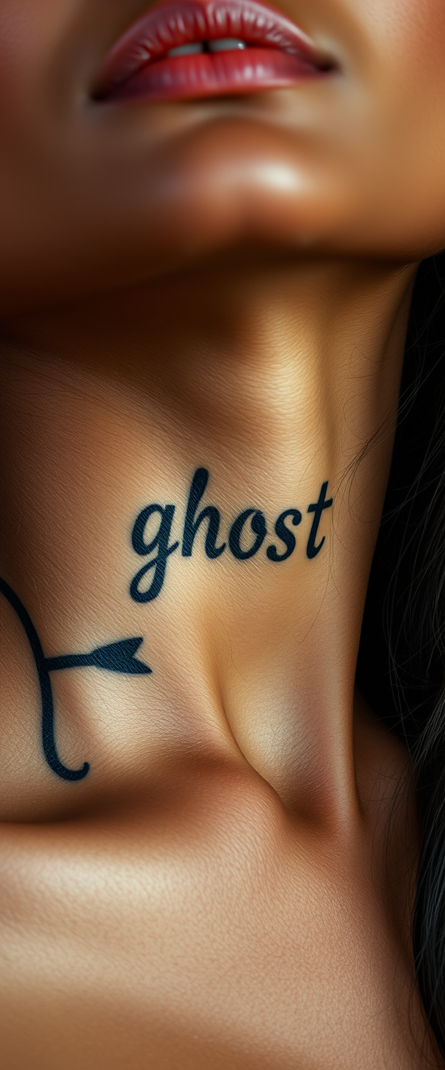 Close-up view of the tattooed neck of a super muscular, super beautiful Indian woman with beautiful jaw features, with the word "ghost" written.