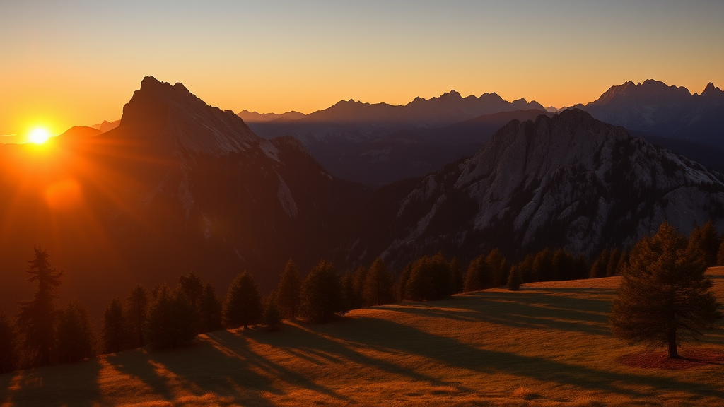 sunset over the dolomites, tuscany, italy, a picture, art photography, flickr contest winner, long shadows, dolomites, in the dolomites, very long shadows, casting long shadows, long cast shadows, sparse pine forest long shadows, wonderful shadows - Image