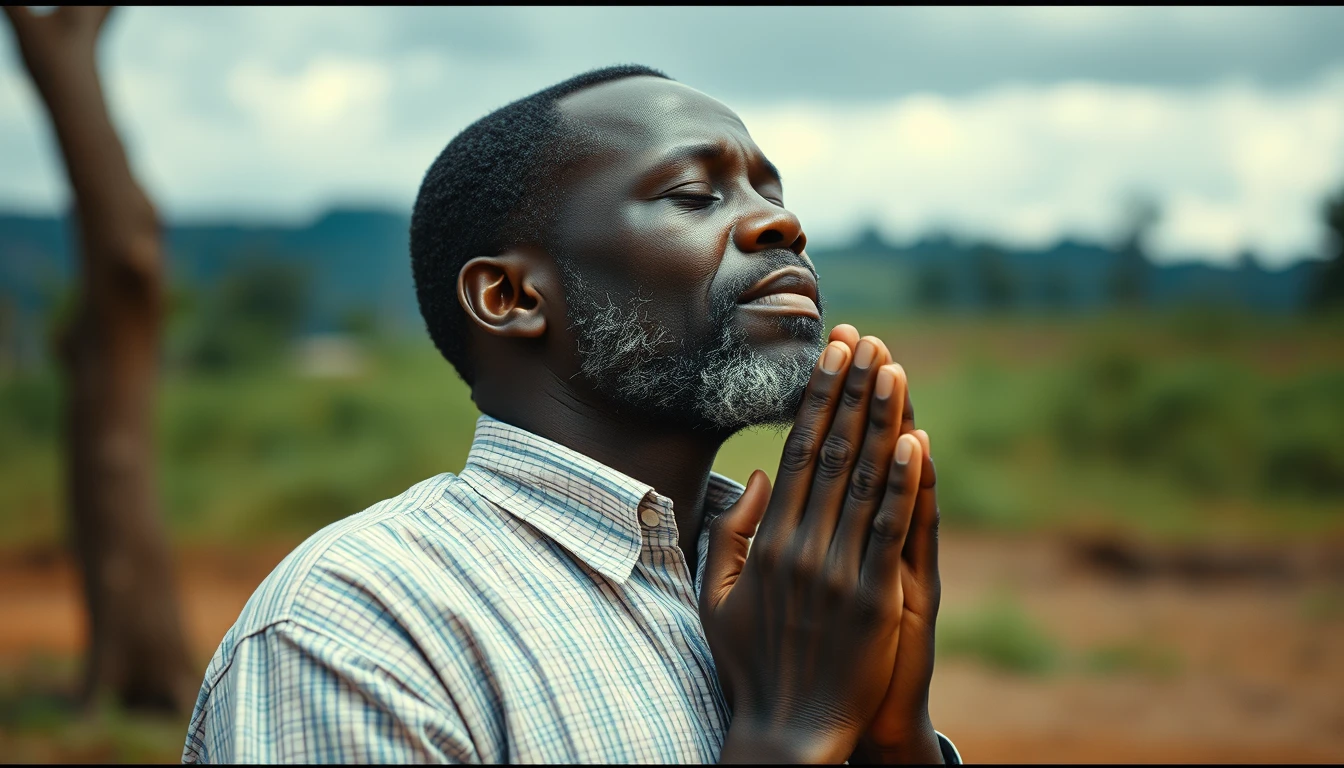 Film still of a Rwandan man praying, cinematic shot, high resolution, ultra-realism, movie color grading, 8K.