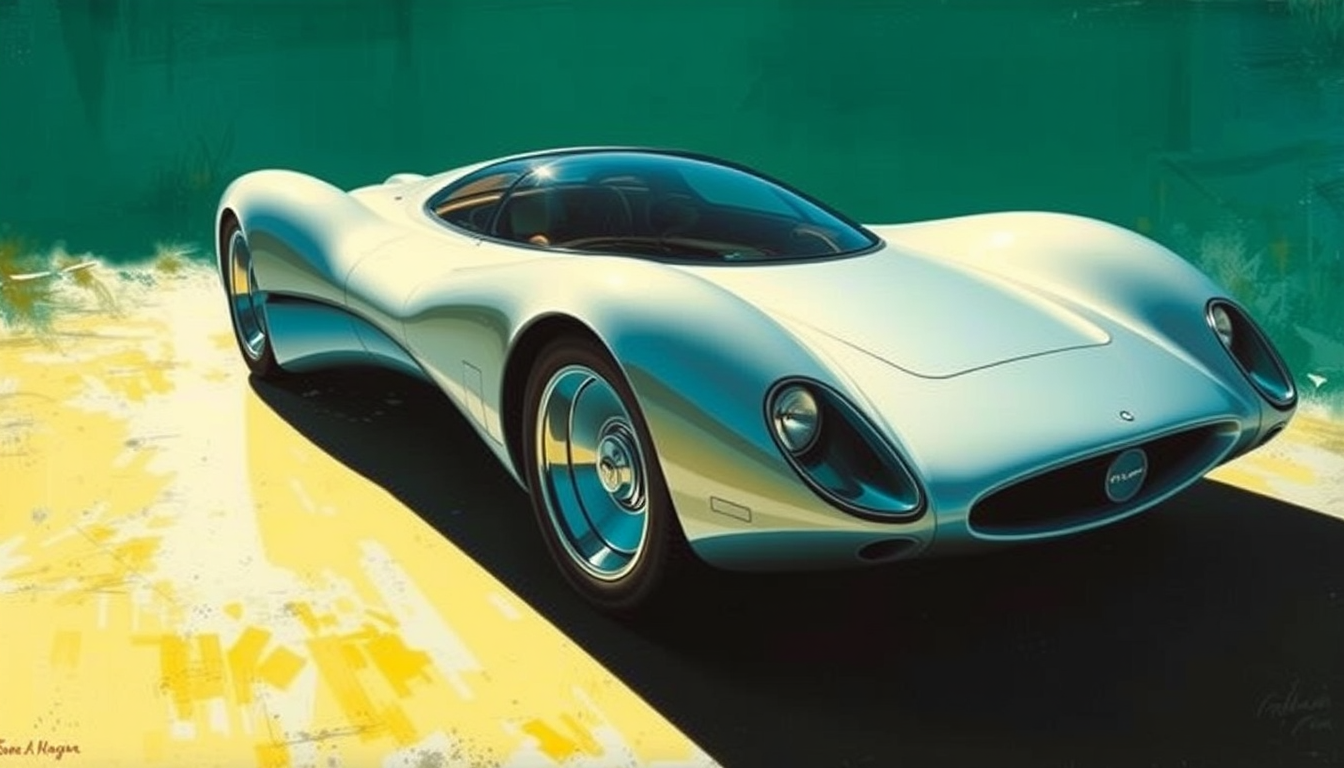 A futuristic exotic car concept, a painting by Syd Mead, 4k, detailed, circa 1970. - Image