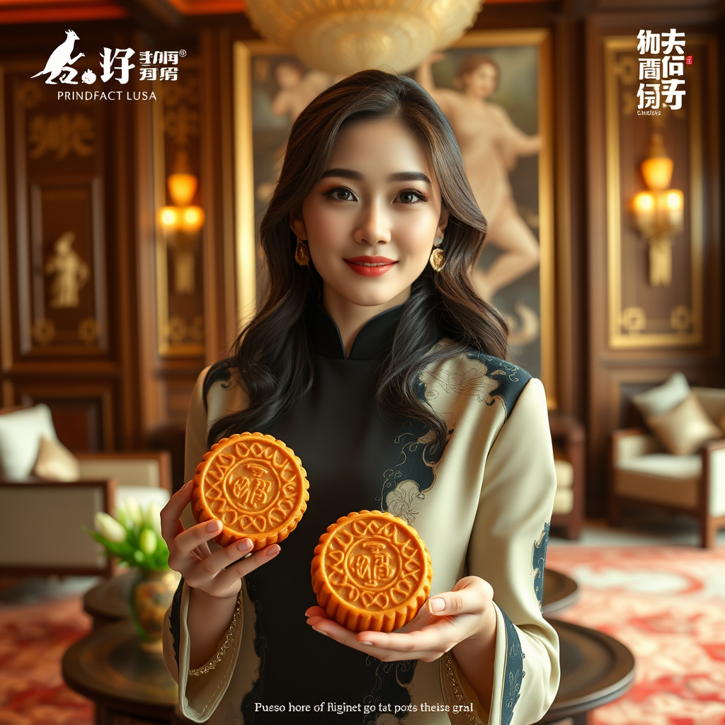 In a luxurious presidential suite, a Chinese model elegantly showcases mooncakes, the traditional delicacies, against a backdrop of opulence, her poised demeanor and the rich cultural heritage of the pastries perfectly captured for a promotional campaign that entices buyers with a blend of modern allure and ancient charm.