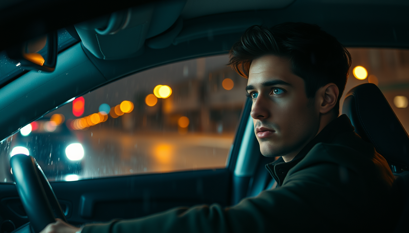 Young handsome man driving a car, midnight, rain, photo, hyperrealism, cinematic effect.