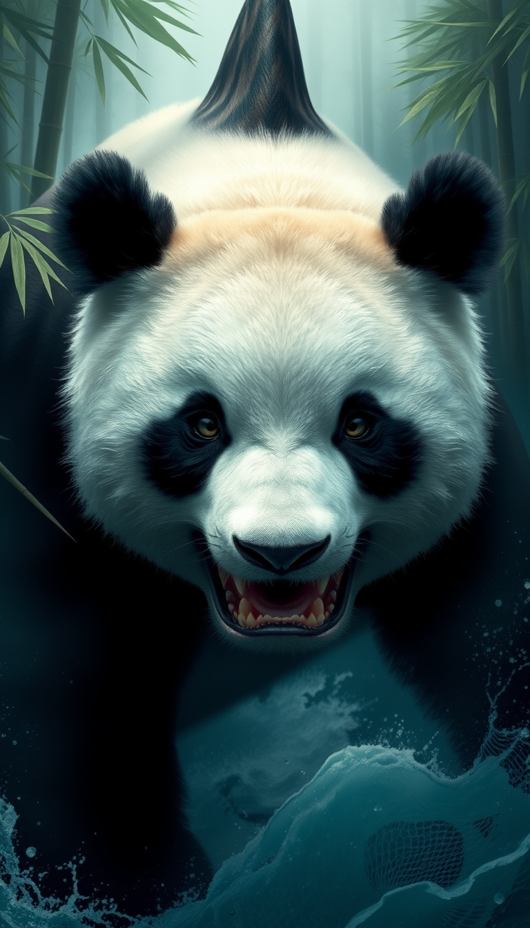 A mesmerizing hybrid creature, part great white shark, part giant panda, emerges from misty bamboo forests into turbulent ocean waters. Hyper-realistic details capture every scale and fur strand. Eyes blend primal hunger with gentle wisdom. Ancient Chinese mythology meets modern marine biology in this surreal, thought-provoking fusion. - Image