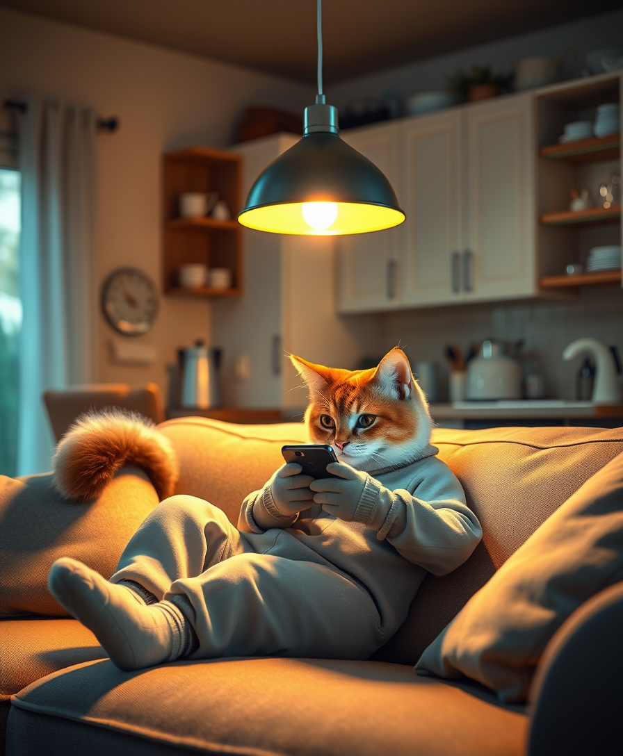 A delightful realistic photo showing a charming anthropomorphic cat dressed in cozy pajamas and lounging on a soft sofa in a dimly lit room. A cat with a fluffy tail and expressive eyes stares intently at his smartphone, immersed in digital content. The warm golden light of the pendant lamp creates a soft glow, creating a cozy and relaxing atmosphere. In the background, there is a simple kitchen area with cabinets, countertops, and various kitchen utensils, which creates an atmosphere of comfort and well-being in the house. This charming scene evokes a feeling of serenity and warmth and is ideal for a calm evening or night setting.