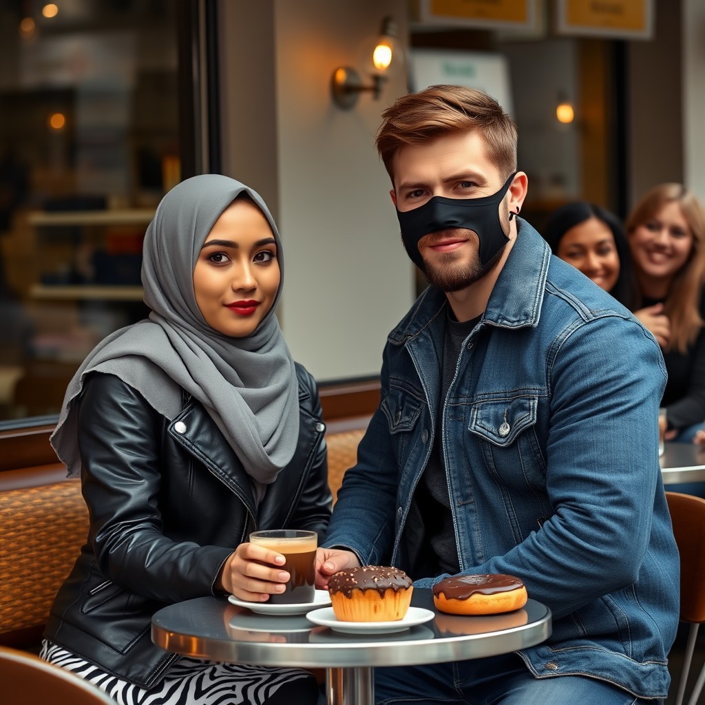 Jamie Dornan's head and body shot, handsome, black face mask, blue jeans jacket, jeans, dating a Muslim girl with a grey hijab, beautiful eyes, black face mask, black leather jacket, biggest zebra pattern skirt, at a cafe, 2 cups of latte, muffin cake, chocolate donut on a table, with another 3 friends smiling in the background, photorealistic, hyper realistic, street photography, selfie.