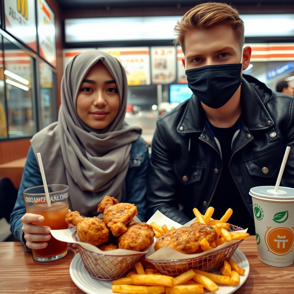 Jamie Dornan's head and body shot, handsome, young, face mask black, blue jeans jacket, jeans, dating love with a grey hijab Muslim girl, beautiful eyes, face mask black, black leather jacket, biggest floral skirt, at a fast food restaurant, plate of Korean fried chicken and fries, soft drink, photorealistic, hyper-realistic, street photography, selfie. - Image