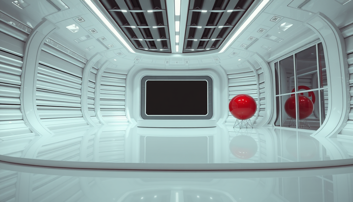 An eye-level, wide-angle shot of an empty fantasy, futuristic, and alien virtual TV studio that features horizontally and vertically curved structures covered in white metallic reflective material. There are no people in it, only a stage, a massive TV screen with white metallic frames, and many transparent glass partitions. In the background, there are a few spherical red objects with a reflective, metallic surface that resemble large, smooth capsules. These objects are positioned on a sleek, ultra white shiny floor that reflects their surfaces. The focus is on the sleek horizontally and vertically curved architecture covered in white metallic reflective material, the stage, and the TV stand. - Image