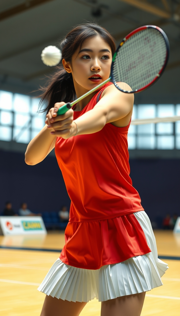 A detailed, realistic portrait of a young woman playing badminton in an indoor sports arena. The woman is wearing a bright red jersey and is mid-swing, her body in a dynamic, athletic pose as she focuses intently on the shuttlecock. The background is blurred, with glimpses of the court, net, and spectator stands visible. The lighting is natural and directional, creating shadows and highlights that accentuate the woman's features and muscular definition. The overall composition conveys a sense of energy, movement, and the intensity of the game. The image is highly detailed, with a photorealistic quality that captures the textures of the woman's clothing, skin, and the badminton equipment.

A woman with a beautiful face like a Japanese idol, she is wearing a white pleated skirt. - Image