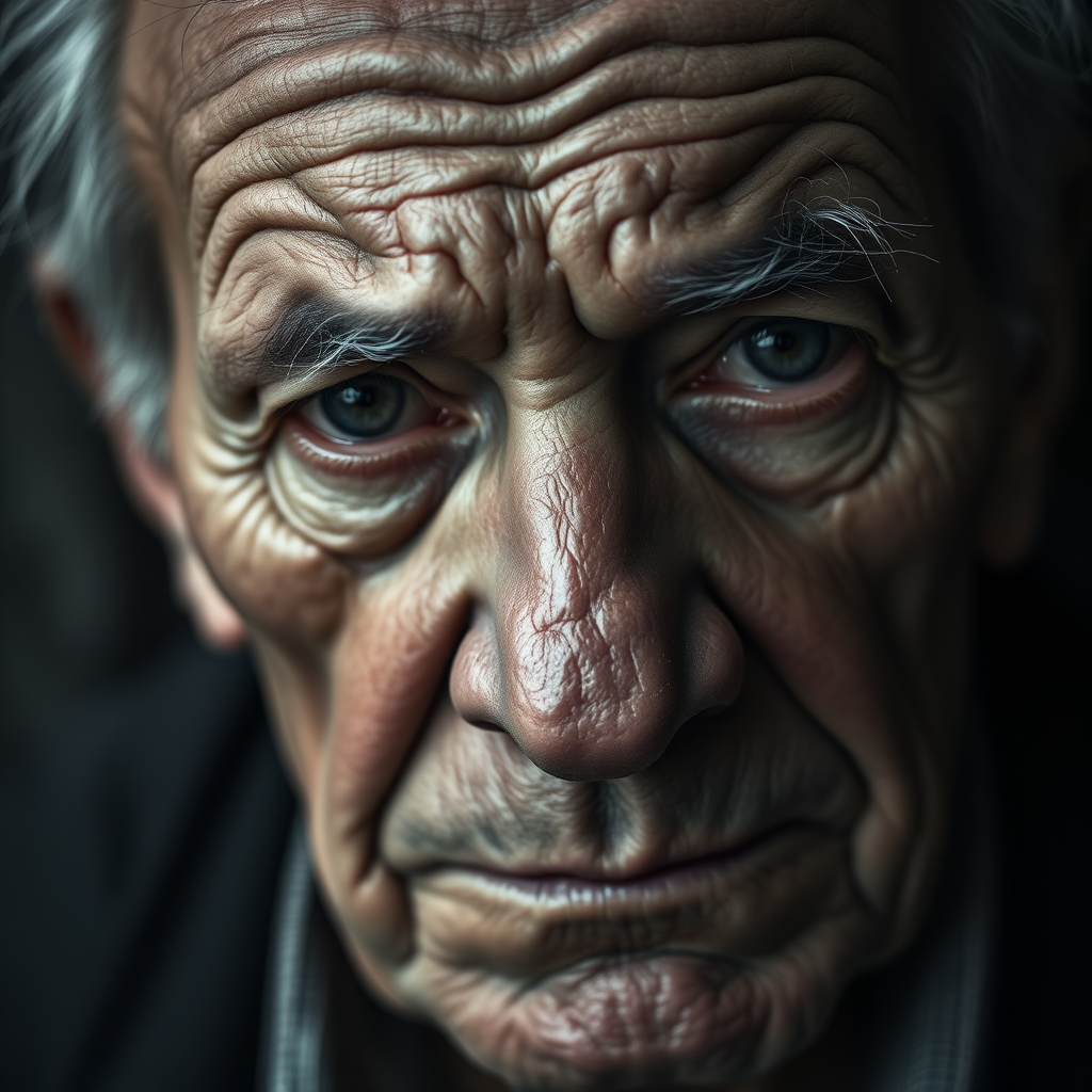 Realistic close-up portrait of an elderly man with deep wrinkles and a solemn, sad expression, his eyes reflecting years of life experience and sorrow, soft and diffused lighting gently highlighting his features, 4K ultra-high definition, monochromatic color scheme with subtle variations of grey to enhance the emotional tone, Canon EOS R5, 85mm, f2.0, shallow depth of field with the background softly blurred to keep the focus on his face. - Image