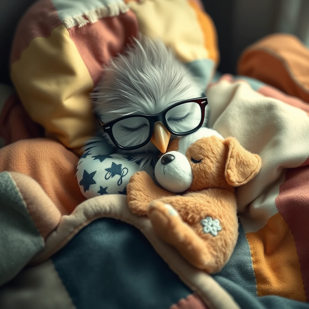 Sweet and tender little bird with glasses sleeping in its bed with patchwork blankets, hugging a tiny plush puppy. - Image