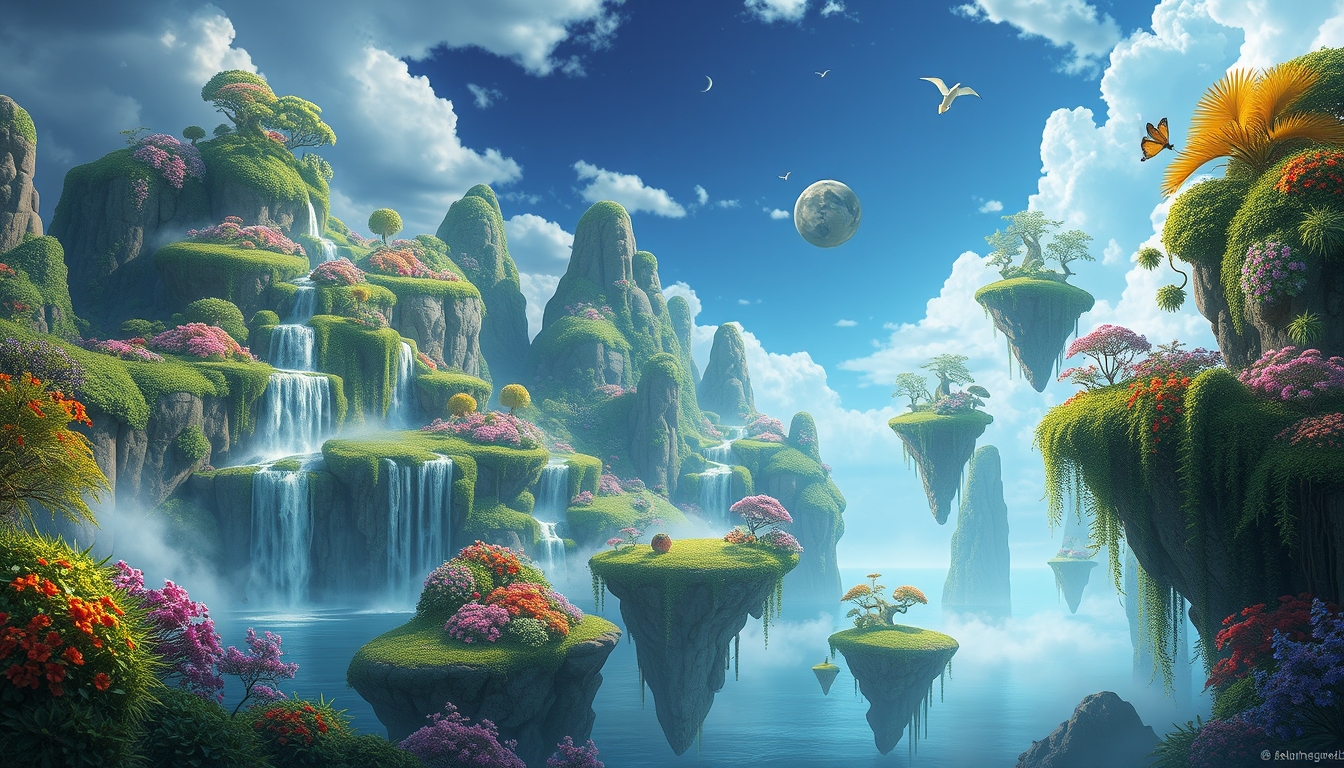 A surreal digital landscape with floating islands, cascading waterfalls, and vibrant flora, creating a dreamlike scene.