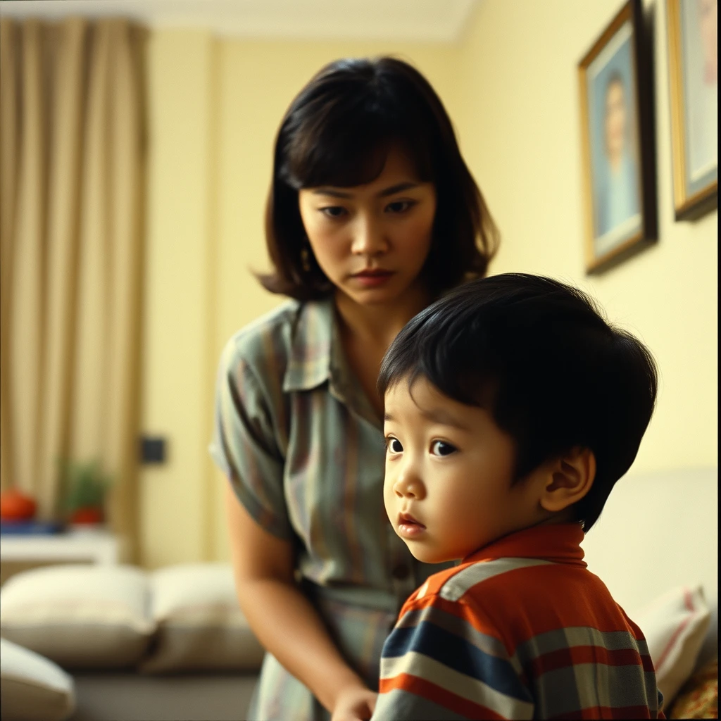 Movie Footage, Asian, 80s, Interior, A Woman, Facing the Camera, She Is Loudly Scolding A Little Boy, The Child Is Sad, Lost Expression, Turning Back To The Woman, Leaving Home Scene, Award-Winning Works, Rich Expressions, Exaggerated Movements.