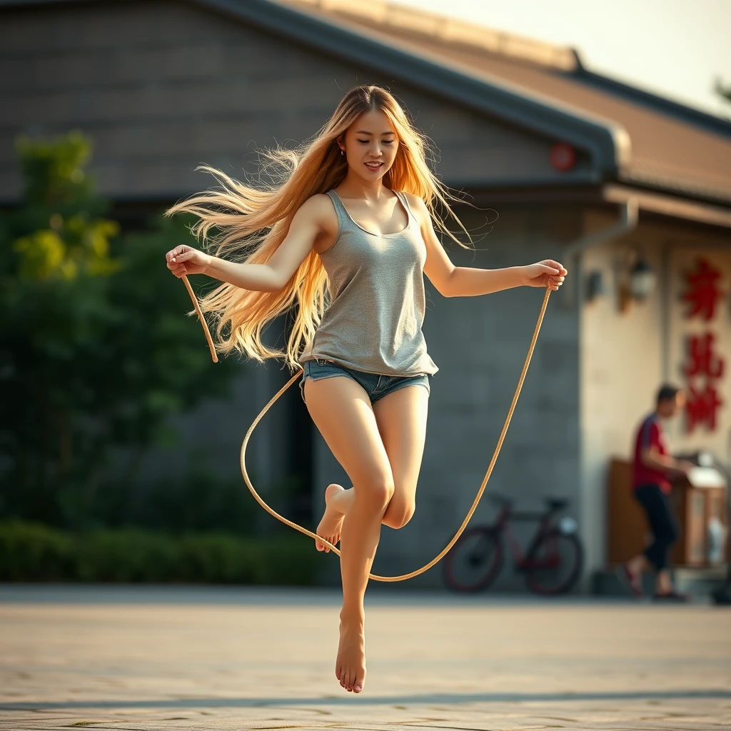 A Chinese beauty is jumping rope, with long golden hair, wearing a short-sleeved shirt and a tank top, and has long legs.