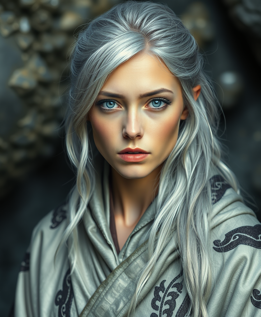 The silver-haired woman had gray almond-shaped eyes, a strange silvery robe with dark patterns, similar to elven rags from fantasy films, and silver hair that could be called gray if it did not sparkle like polished silverware.