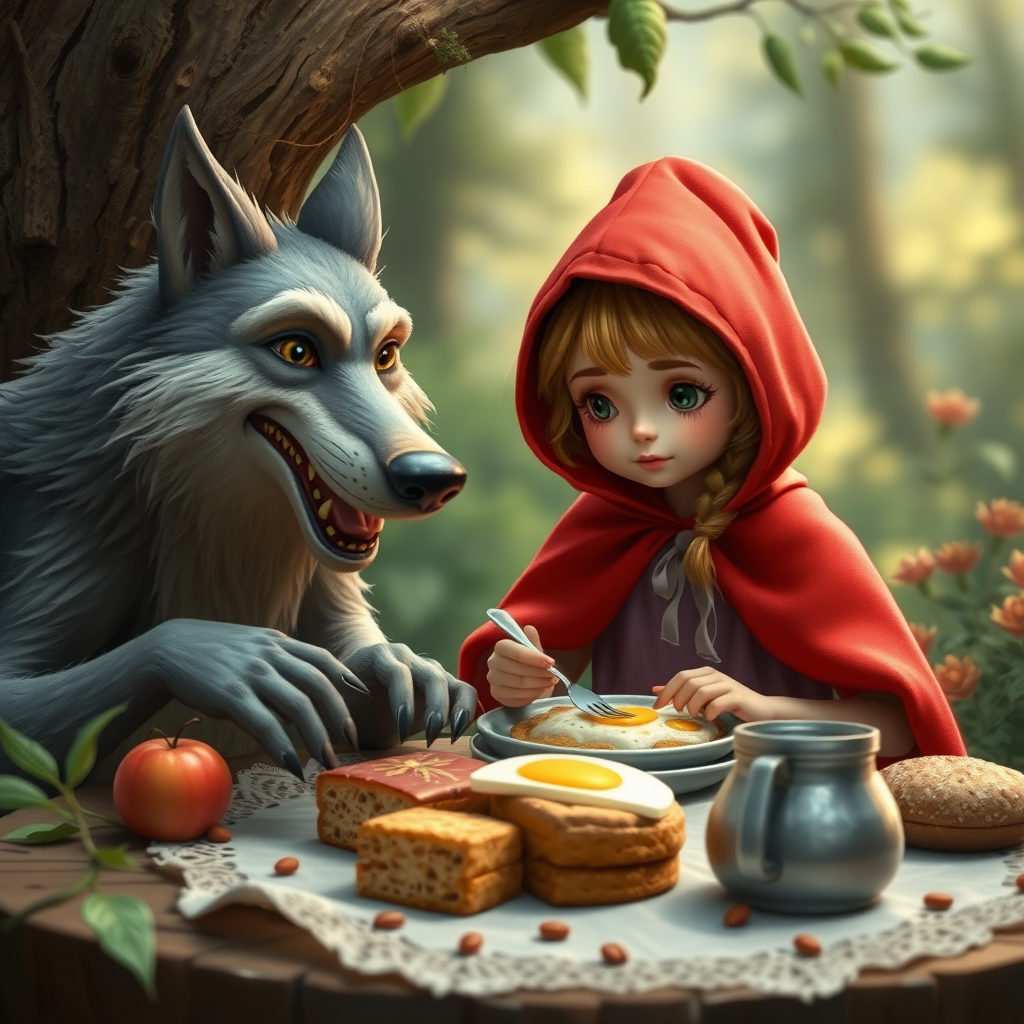 "Little Red Riding Hood and the Wolf have breakfast. Photorealistic." - Image