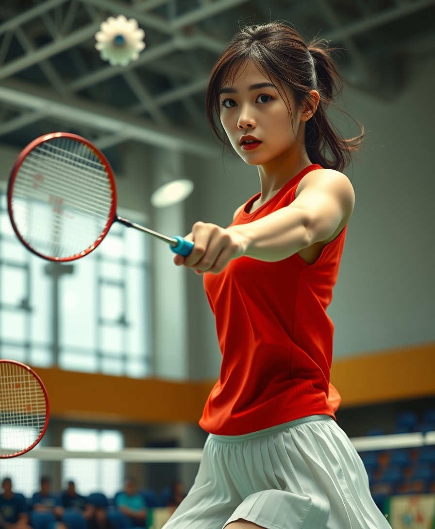 A detailed, realistic portrait of a young woman playing badminton in an indoor sports arena. The woman is wearing a bright red jersey and is mid-swing, her body in a dynamic, athletic pose as she focuses intently on the shuttlecock. The background is blurred, with glimpses of the court, net, and spectator stands visible. The lighting is natural and directional, creating shadows and highlights that accentuate the woman's features and muscular definition. The overall composition conveys a sense of energy, movement, and the intensity of the game. The image is highly detailed, with a photorealistic quality that captures the textures of the woman's clothing, skin, and the badminton equipment.

A woman with a beautiful face like a Japanese idol, she is wearing a white pleated skirt. 

Badminton rackets and shuttlecocks with dynamic swings and motion blur. Depiction of the human body with a flawless personality.