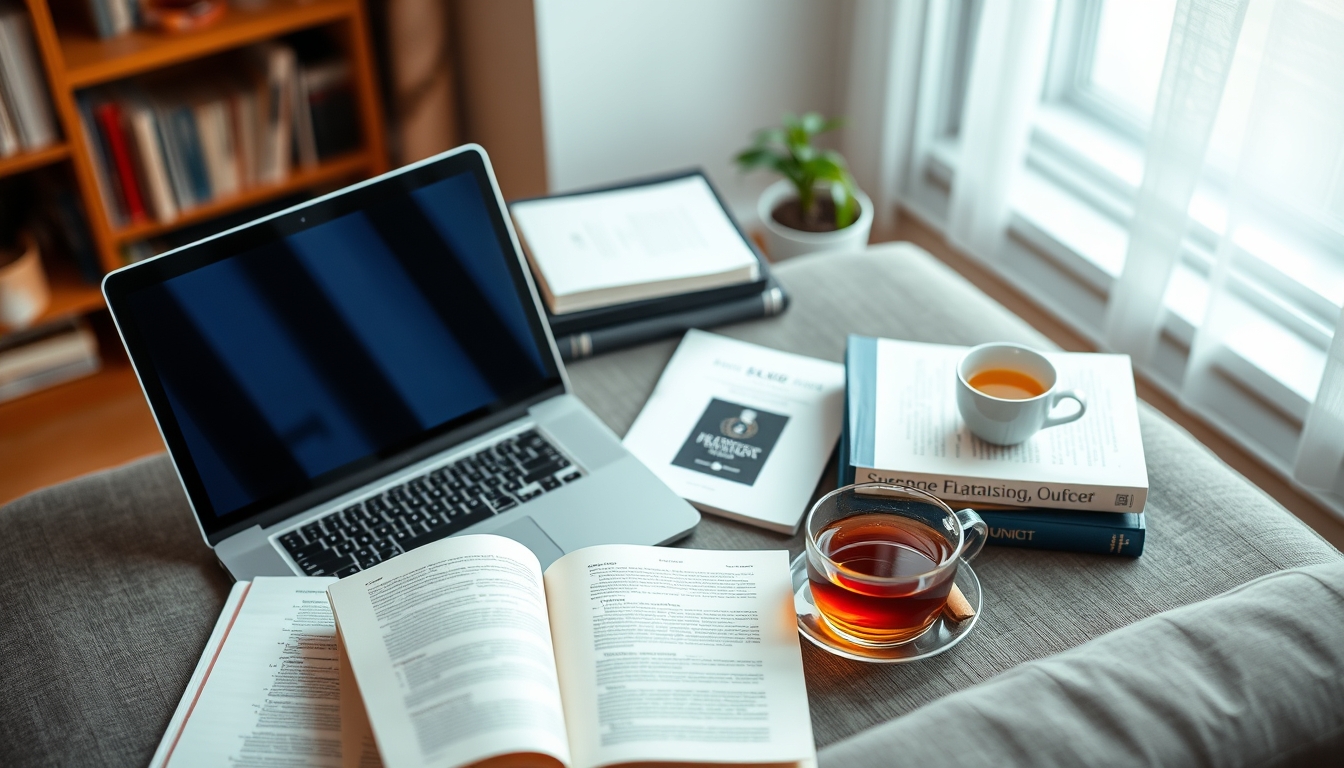 A cozy home study setup with a laptop, textbooks, and a cup of tea, emphasizing the comfort and flexibility of online education.