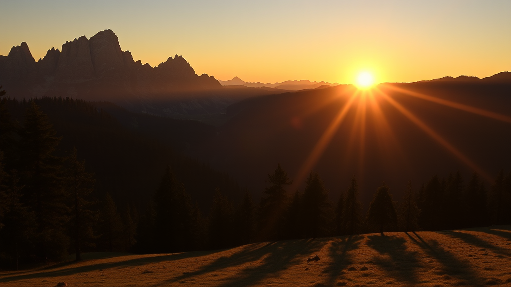 sunset over the dolomites, tuscany, italy, a picture, art photography, flickr contest winner, long shadows, dolomites, in the dolomites, very long shadows, casting long shadows, long cast shadows, sparse pine forest long shadows, wonderful shadows - Image