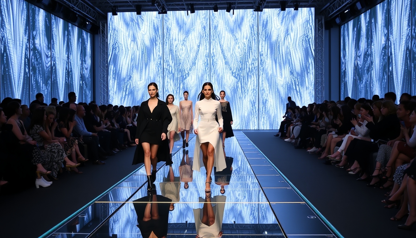 A high-end fashion show with models walking down a glass runway.