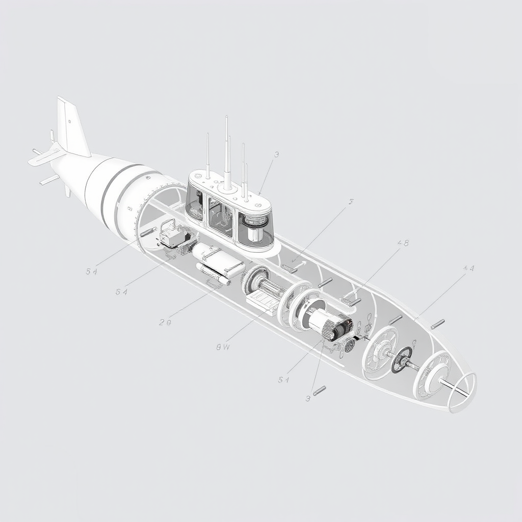 A three-dimensional assembly diagram of a submarine. - Image