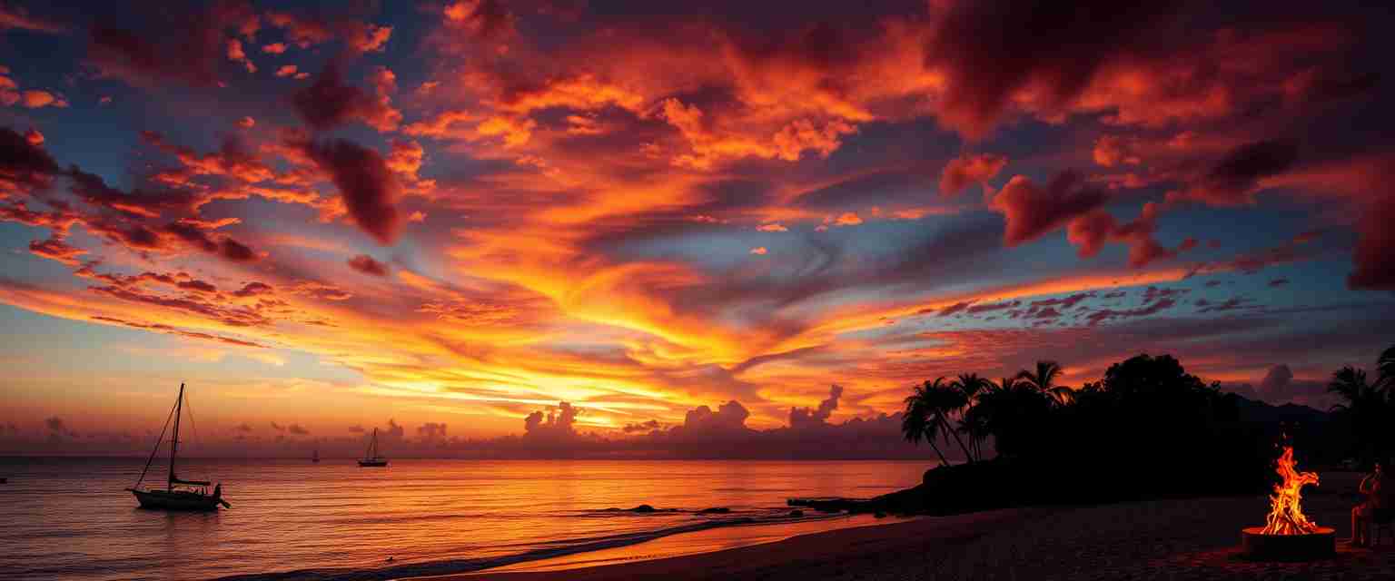 Dramatic, fiery sunset, colorful clouds, silhouettes, high quality, photorealistic, tranquil, evening sky, reflection, serene, coastal, panoramic, breathtaking::0.7 sailboats, palm trees, beachside bonfires, coastal cliffs, seashells, peaceful waves, seagulls.