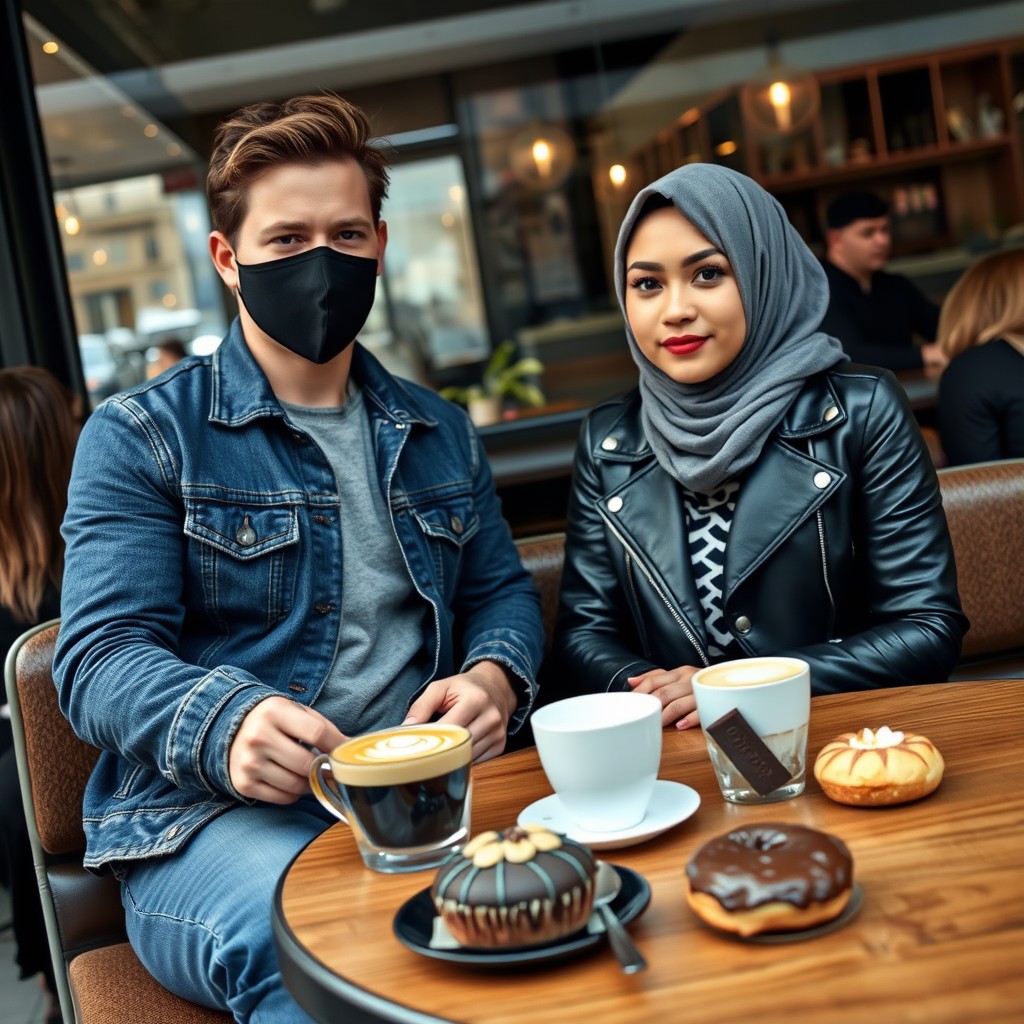 Jamie Dornan's head and body shot, handsome, black face mask, blue jeans jacket, jeans, dating a Muslim girl in a grey hijab with beautiful eyes, black face mask, black leather jacket, wearing the biggest zebra pattern skirt, at a cafe, with 2 cups of latte, muffin cake, and chocolate donut on a table, with another 3 friends, photorealistic, hyper-realistic, street photography, selfie.