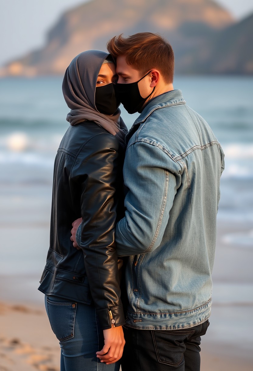 Jamie Dornan's head and body shot, handsome, black face mask, denim jacket, jeans, dating, loving couple, hugging from the back, with the biggest grey hijab Muslim girl, black face mask, beautiful eyes, black leather jacket, biggest skirt, at the beach, hyper-realistic, street photography. - Image