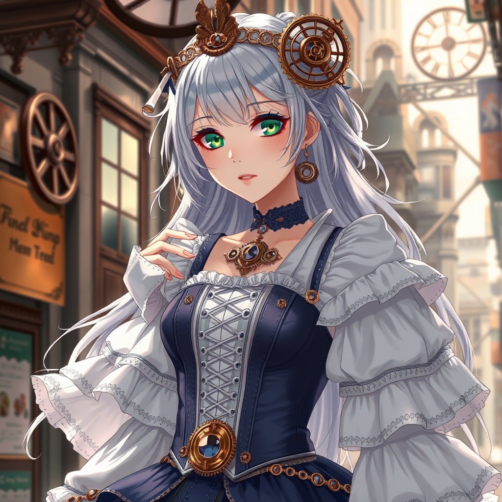 Ethereal steampunk princess, anime portrait, delicate features with emerald eyes and silvery hair. Elaborate costume blending Victorian elegance and mechanical aesthetics, adorned with intricate gears and jewels. Lace-up corset, billowing sleeves, and multi-layered skirt in shades of white and navy. Sun-dappled urban setting with hints of clockwork machinery. Soft, dreamy lighting enhancing a romantic atmosphere. Exquisite detail in high-quality anime illustration style. - Image