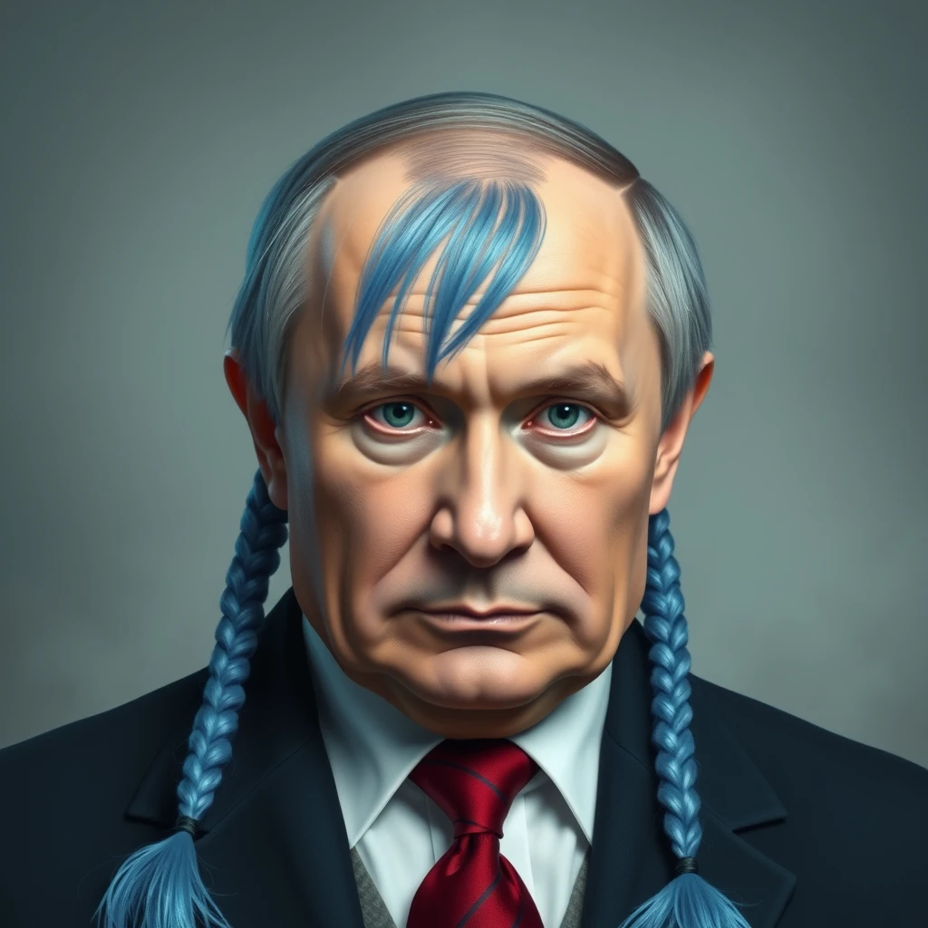 "Putin with blue hair with pigtails, visual novel 'Russia'" - Image