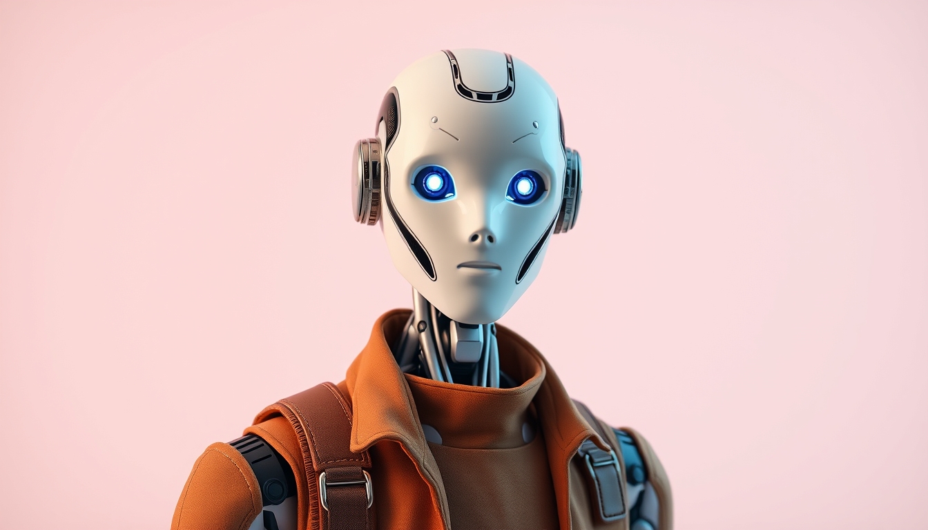 Photo portrait of a robot AI in a trendy brown outfit, isolated in an empty space against a colored background, 8k UHD, high detail. - Image