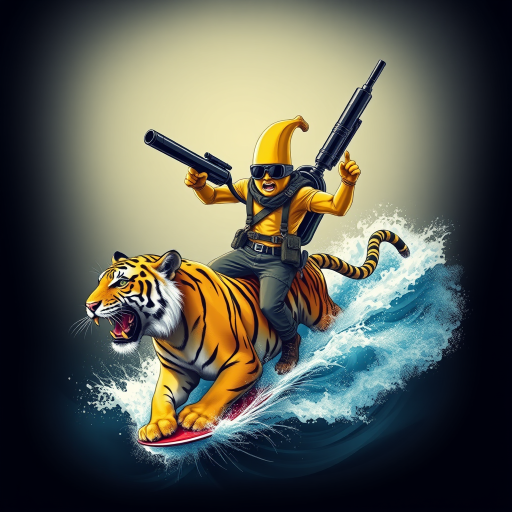 A tee shirt design of a sentient anthropomorphic determined banana man dressed in Rambo gear, carrying a huge rocket launcher with one hand, a huge chain gun in the other hand, while surfing on a Bengal tiger on a huge ocean wave. Epic design. Fading to black around the entire boundary of the image. Vibrant future punk colors.