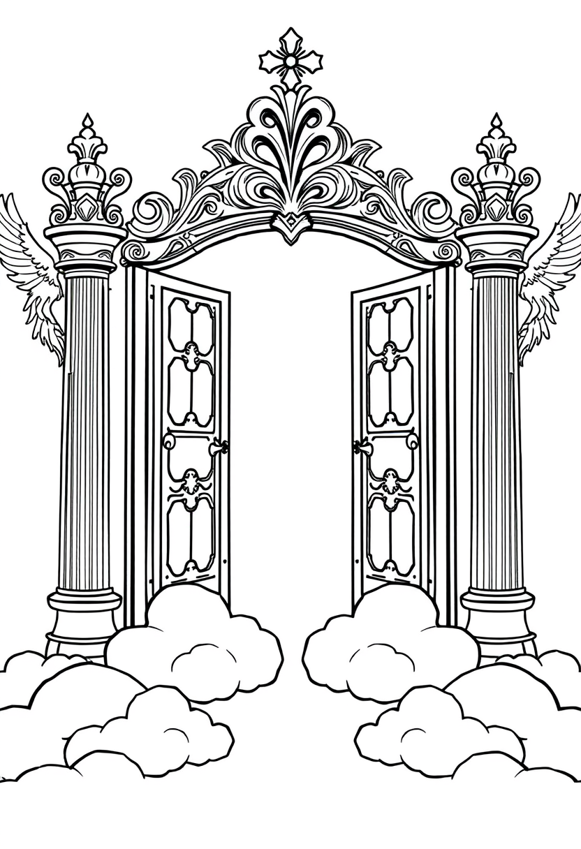 Outline of Heaven's gate for a coloring book: Ornate gates with cloud-like shapes at the base. The gates should be open, revealing a bright space beyond. Add simple figures of angels on either side of the gate.