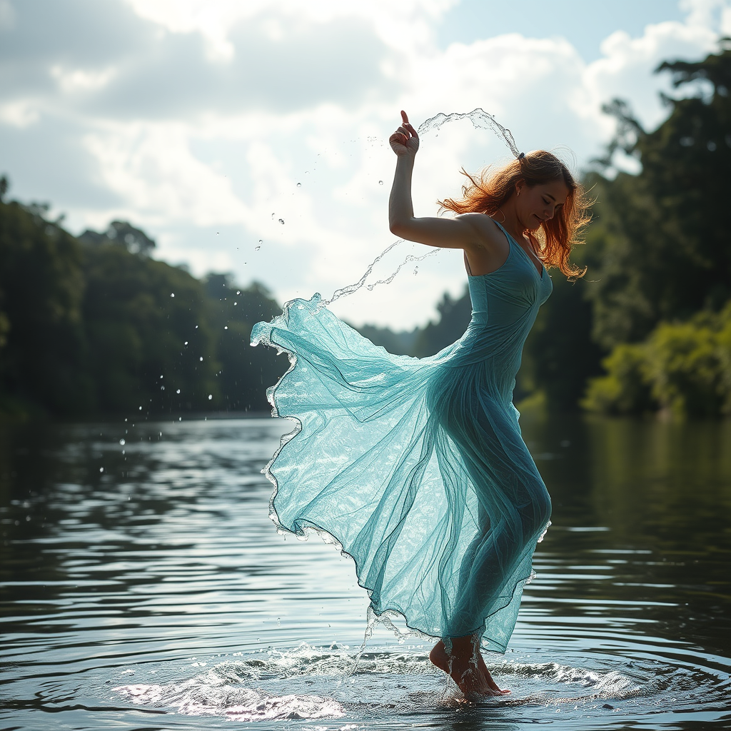 Riverside, dancing woman wearing a dress made of water, side view, full body view, strong light falls on her, water pours from the sky.