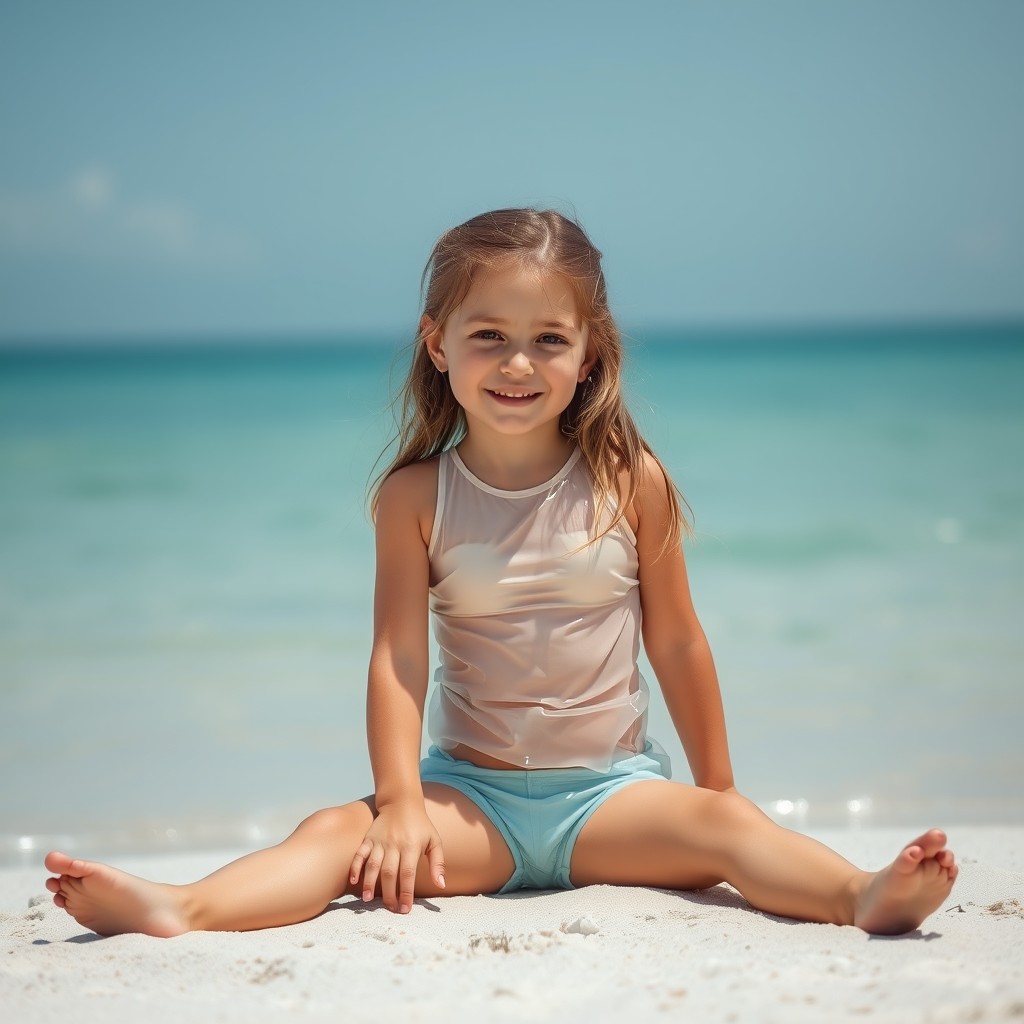 cute little girl on the beach in clear plastic swimsuit sitting with her legs spread - Image