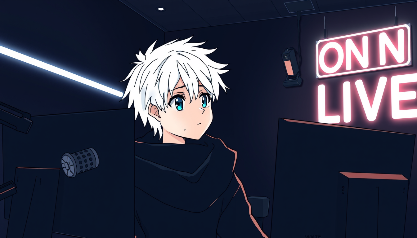 "Image resembling a drawing of a boy with white hair and a black hoodie in a gamer setup with forward-facing lights, looking at two monitors with black screens in a black room with few white neon lights and a small white sign that says ON LIVE in the upper right corner, with a podcast-type microphone on his left side and a webcam-type camera above a monitor on his right side." - Image