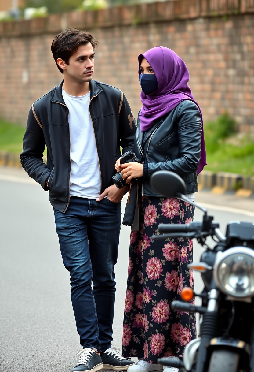 Jamie Dornan and Freddie Prinze head and body shot, handsome, young, serious face, dark brown hair, white T-shirt, college jacket, skinny jeans, sneakers, standing, talking to each other with a big Muslim girl in a purple hijab, beautiful eyes, face mask, black leather jacket, largest floral skirt, holding a Canon DSLR camera, near a town road, superbike, hyper-realistic, street photography, brick wall, full body photo.