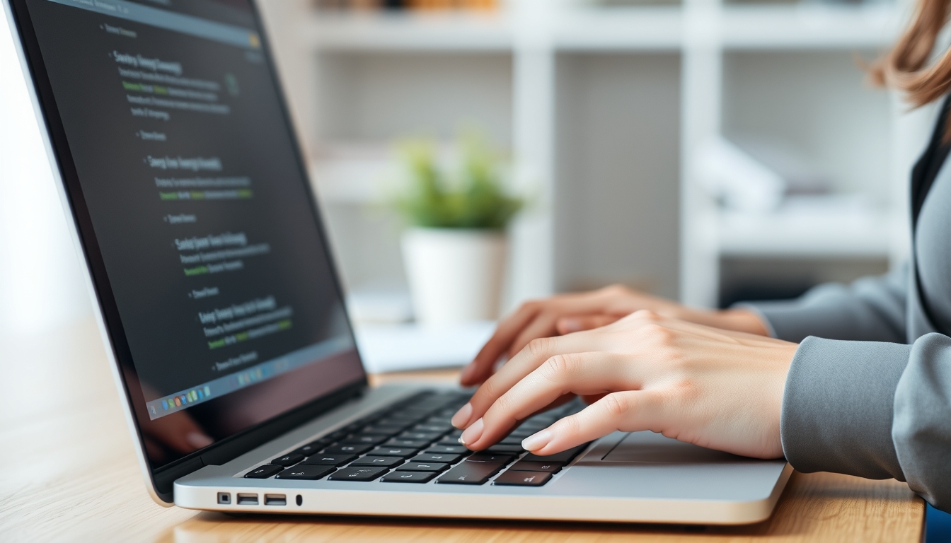 Close up, woman hand typing on laptop computer keyboard. Business woman online working on laptop computer, surfing the internet, searching the information at home office, e-learning.