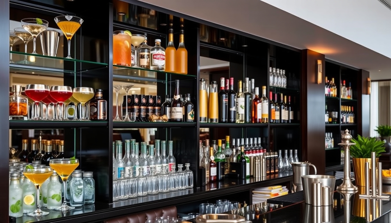 A sophisticated cocktail bar with glass shelves showcasing an array of colorful drinks.