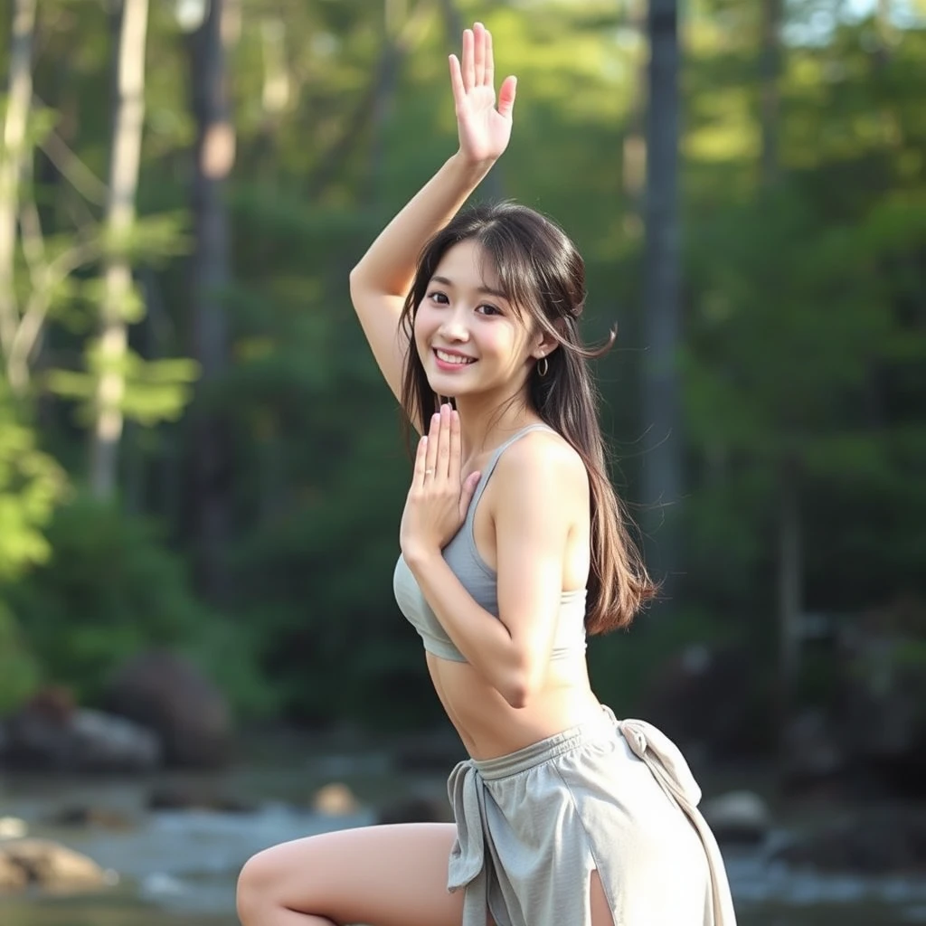 Concept: Portray a woman as a nature spirit, engaged in athletic activities.  
Style: Natural materials, bare feet, or sandals.  
Setting: Forests, fields, or rivers.  
Pose: Yoga poses, interacting with nature.  
Lighting: Use natural light to create a soft and warm atmosphere.  

22-year-old girl, Korean idol, ((Short bridge of the nose)), ((High, slender nose)), young, cute, smile.