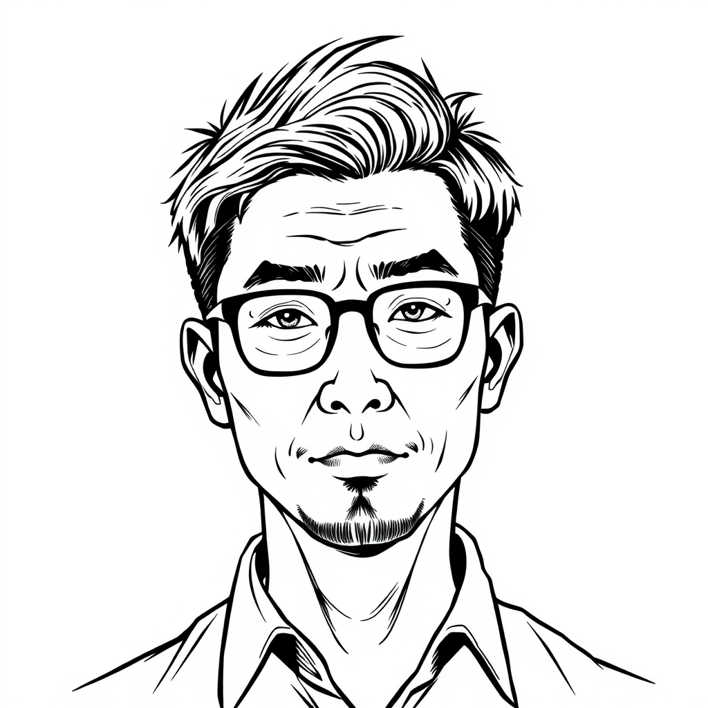 A cool line drawing of a 35-year-old man’s head, with short hair, Chinese, wearing framed glasses, a slightly short beard on his chin, in a shirt, having a slightly rogue demeanor, and with a face that has defined lines and fullness.