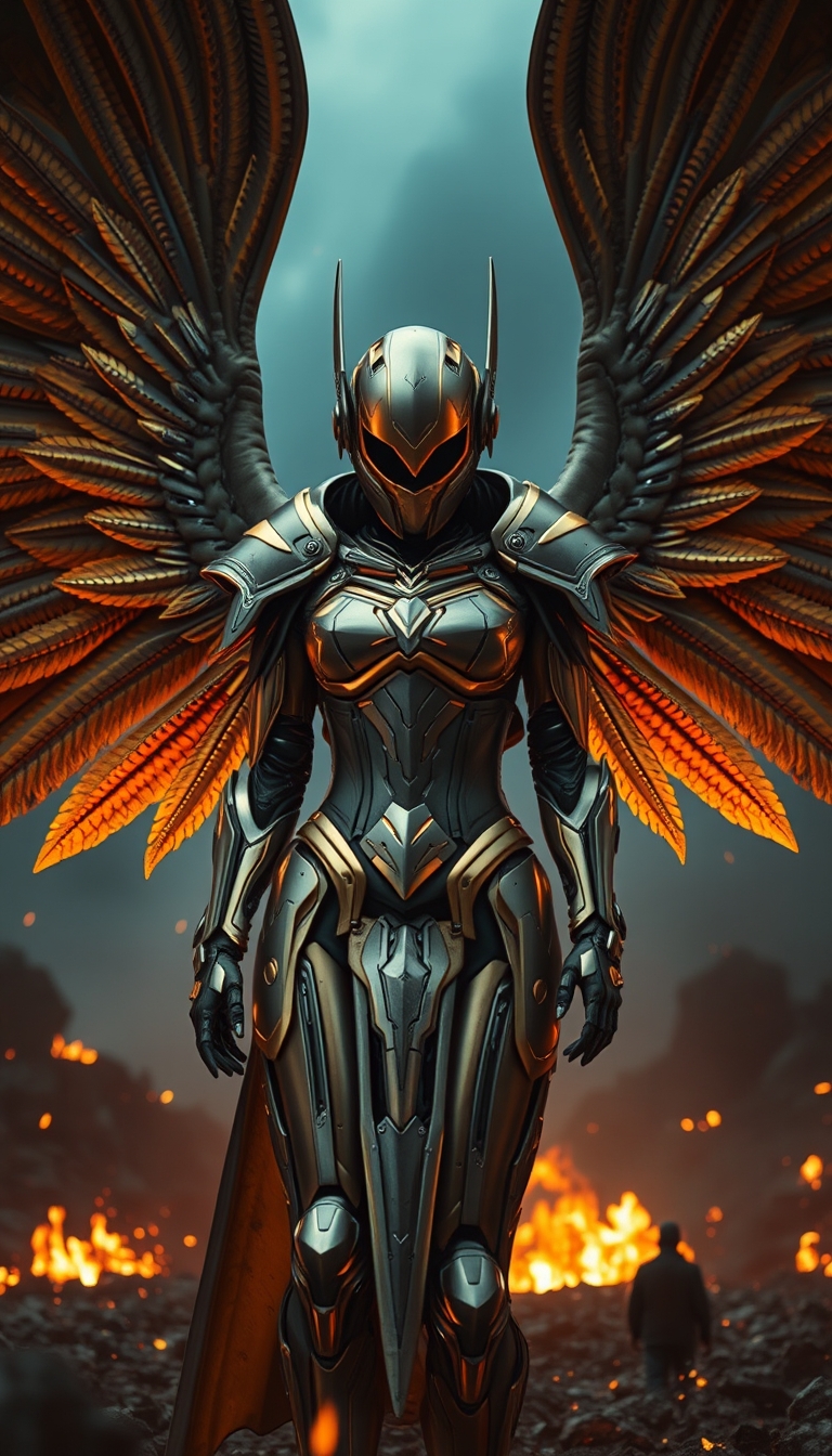 Cinematic shot of a cyborg female battle angel rising from ashes, golden regal Valkyrie armor, futuristic, full smooth helmet, standing on a battlefield, movie scene, film grain, realistic, shot from below, dark lighting. - Image