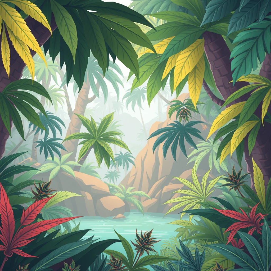 'a tropical jungle with CBD plants on the edges of the image in an exotic cartoon style'